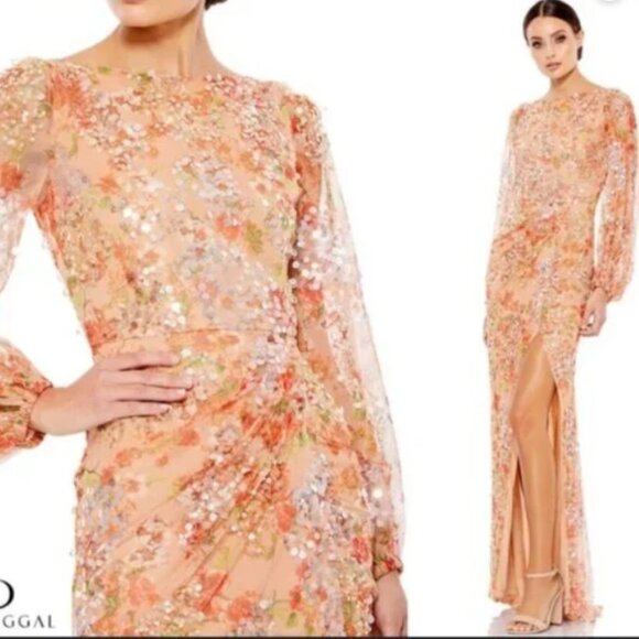 MAC DUGGAL 93547 FLORL PRINT SEQUINED PUFF SLEEVE GOWN sz 16 - Picture 1 of 5